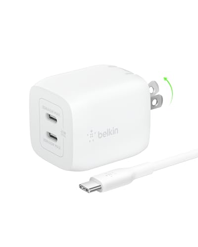 Image of Belkin Dual Port Charger Block 45W - C to C Cable Inlcuded - GaN PD3.0 Super Fast Charging - Samsung Galaxy S25, MacBook, iPhone 17, iPad, AirPods, Google Pixel 10, Nintendo Switch 2 & More - White