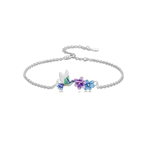 LONAGO Hummingbird Bracelet for Women 925 Sterling Silver Flower with Hummingbird Link Bracelet