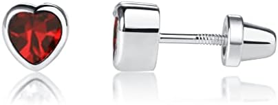 Girl's Sterling Silver January CZ Simulated Birthstone Heart Earrings with Screw Back for Baby, Toddler and Kids (6mm)