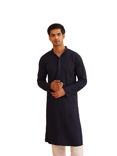 Image of Sojanya (Since 1958 Men'S Geometric Embroidered Thread Work Cotton Straight Long Kurta