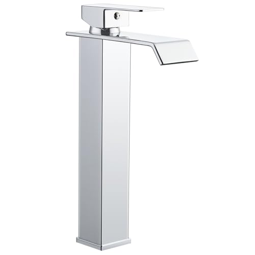 Sistaby Grifo mezclador alto para lavabo de baño, mezclador de cascada para encimera, grifo cuadrado alto, monobloc, acero inoxidable cromado con mangueras G1/2 pulgadas, mono 1 agujero