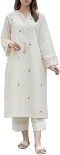 Image of Women's White Cotton Embroidered Kurta Pant Set | Soft & Elegant Straight Kurti with Subtle Multi-Thread Floral Embroidery |Ethnic Set for Women