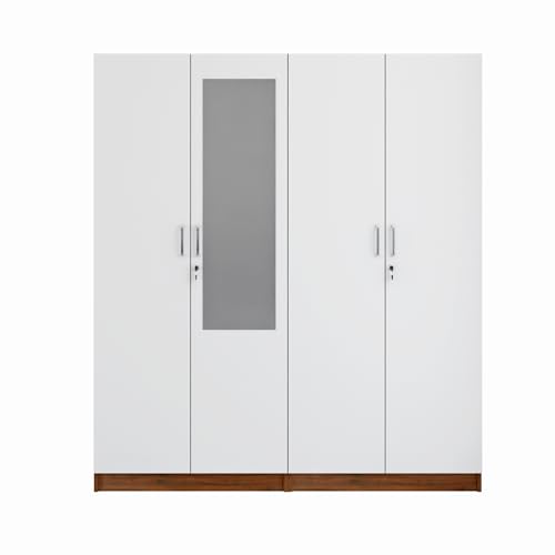 Image of VIKI Wardrobe |Wooden Almirah for 4 Door Fully Shelves Mirror Wardrobe (Walnut |White - 40D x 160W x 180.8H) | 1 Year Warranty | Free Assembly