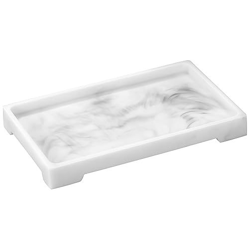 Luxspire Resin Vanity Tray, Bathroom Toilet Tank Storage Tray, 10.03 x 5.9 in Kitchen Sink Trays Decorative Serving Tray, Vanity Countertop Organizer for Makeup Towel Perfume Holder, M, White Marble