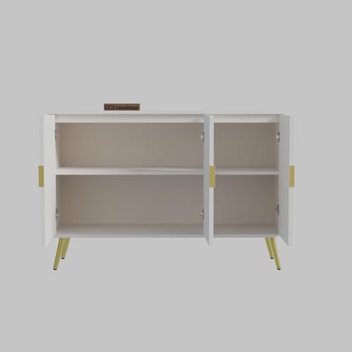 Image of Wooden Sideboard Cabinet for Living Room | Side Board with 3 Doors Cabinet Storage for Dining, Drawing and Home Office | HDMR Premium Wood & Iron, Warm White & Golden