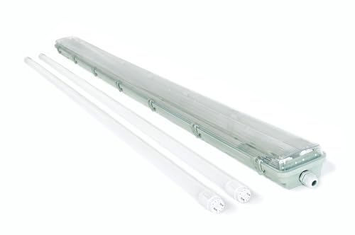 KOLORENO Set plafoniera stagna LED 150 cm T8 con 2 neon da 24W inclusi, luce fredda 6000K, lampada lineare a soffitto ideale in garage, officina, cantina, magazzino e locali tecnici professionali