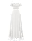 DRESSTELLS Women's Cold Shoulder White Chiffon Wedding Bridesmaid Cocktail Formal Dresses with Floral Lace V Neck White L