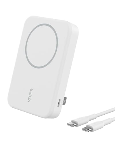 Belkin BoostCharge Pro Power bank wireless 8.000 mAh con Qi2, caricabatteria portatile compatibile con MagSafe, supporto integrato per iPhone 16, 16 Plus, 16 Pro, 16 Pro Max, iPhone 15 e altri, bianco