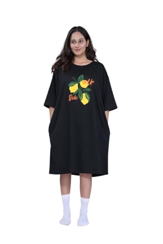 Image of LAMA STORE Women's Printed Oversized T-Shirt Dress, Cotton, 3 /4 Sleeve Length, Casual Loose Fit, Comfort Wear Extra Comfy Oversized Printed Pocket T-Shirt Dress