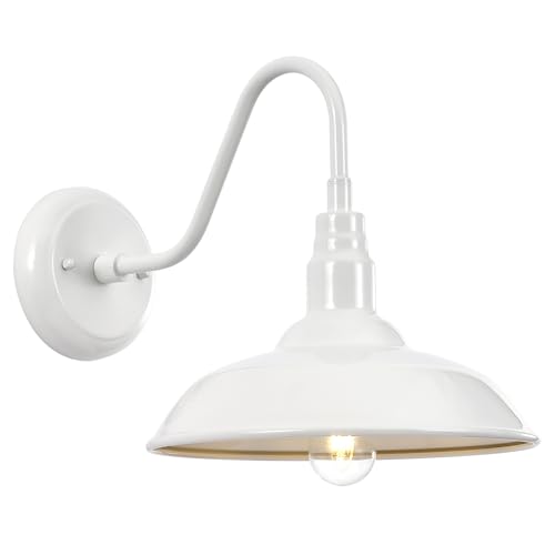 Image of 10 Inch Dome Outdoor Gooseneck Barn Light Fixture White Exterior Barn Wall Lantern, Farmhouse Porch Outside Wall Mount Lighting, Waterproof Outdoor Coach Wall Sconce for Garage, Patio