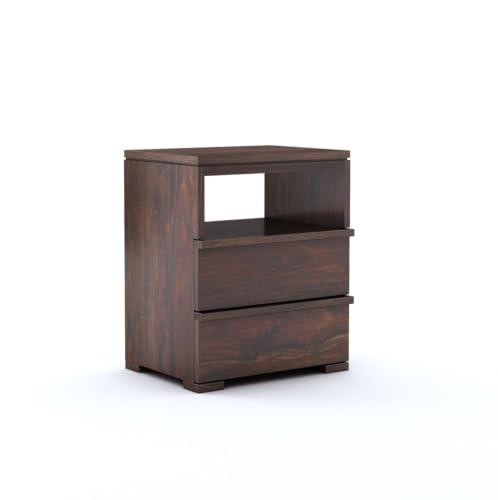 Image of Solid Sheesham Wood Bedside Table for Bedroom Handmade Wooden Bed Side Nightstand End Table for Home & Bed Room (Walnut Finish with 2 Drawer & Shelf)