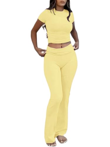 AYWA Womens 2 Piece Lounge Sets Short Sleeve Crop Top Foldover Flare Pants Casual Pajama Outfits (Yellow Small)