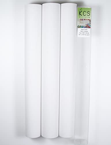 Image of KCS 3 pc of 15 inch x 18 inch Counted Cross Stitch Cotton Aida Cloth Needlework Rolled Fabric Box,18CT,White