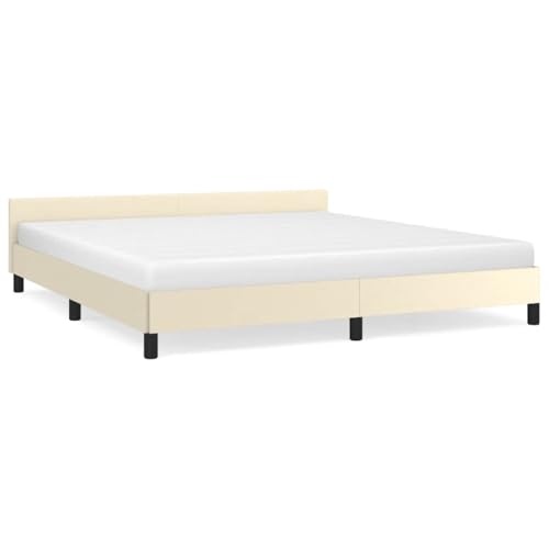 Foknhdi Cadre de lit avec tête de lit 180 x 200 cm, cadre de lit double en cuir synthétique crème, meuble de chambre stable avec sommier à lattes, design...