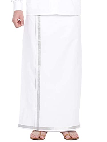 Kolakeer™ Men's Easy-To-Wear Welcro Zari Border Cotton Dhoti with Pocket - Adjustable from 28 to 38 inch Waist Size