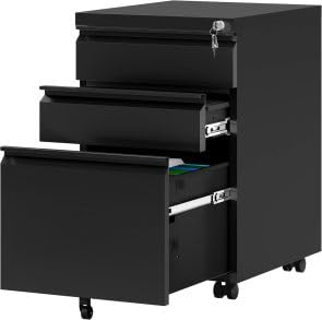 Garvee Cajonera Móvil Metálica con 3 Cajones y Brazo Flexible Gooseneck, Archivador Rodante de Acero Laminado en Frío, 24”, para Oficina, Escritorio y Estudio, Negro