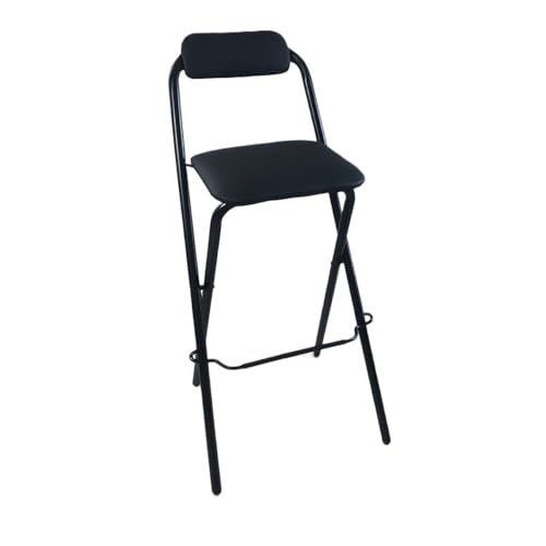Taburete de bar plegable portátil con respaldo y reposapiés, asiento acolchado para cocina, camping, altura ajustable, 65 cm-75 cm, color negro