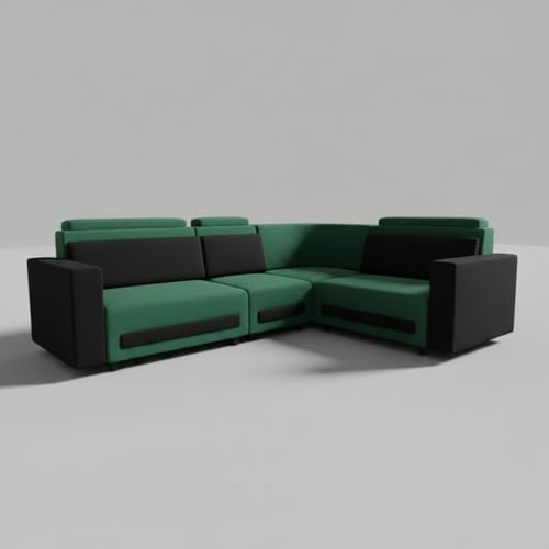 Image of APRODZ Wooden Sofa Set 6 Seater for Living Room, Solid Wood L Shape Sectional Sofa with Velvet Fabric Upholstery, Cushioned Seating for Home, Office & Lounge, Dark Green & Black