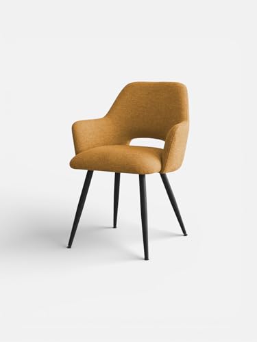 Image of Finch Fox Motel Luxurious Home Collection Upholstery Fabric Arm Dining Room Chairs in Mustard Color with Black Metal Powder Coated Legs (Set of 2)