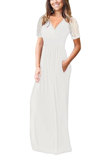 Image of AUSELILY Maxi Dresses for Women 2026 Lace Short Sleeve V Neck Wrap Long Dress with Pockets