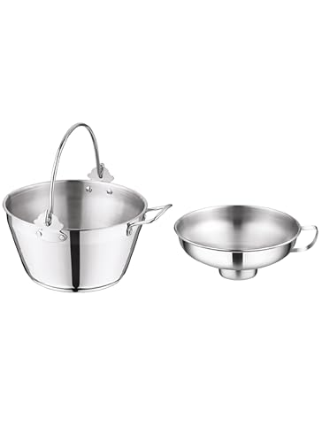 Penguin Home 5L Maslin Pan with 14cm Wide Neck Jam Funnel, Stainless Steel Pot with Steel Canning Funnel for Preserving Combo Maslin Pan & Jam Funnel with Side Handle  