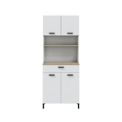 Habitdesign – Mueble de Cocina Alto con 4 Puertas y 1 Cajón, Armario Auxiliar para Cocina, Acabado Blanco Artik y Natur, 185x72x40 cm – Modelo Kira