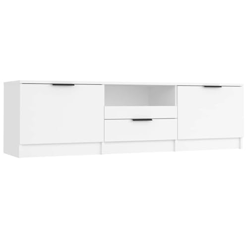 PUGYNBK Meuble TV moderne blanc 140 x 35 x 40 cm en bois laqué avec trois compartiments et un tiroir, idéal comme meuble TV ou buffet pour salon et chambre...