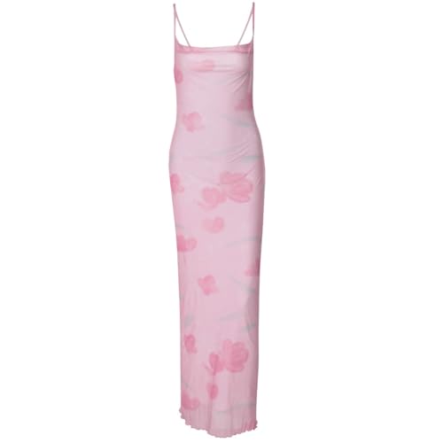 Image of Women's 2025 Summer Dresses Floral Bodycon Maxi Dress Spaghetti Strap Backless Cocktail Party Long Dresses