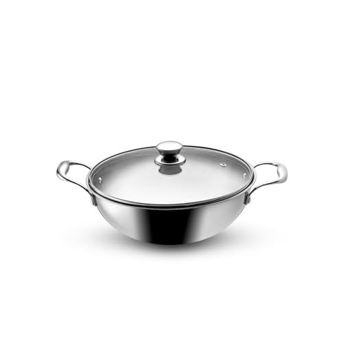 Image of VAYA Hautechef Triply Stainless Steel Kadai with Glass Lid, 22cm, 2.0L, Induction & Gastop Compatible, Heavy-Bottom Kadhai for Deep Frying & Cooking, 100% Pure & Toxin-Free