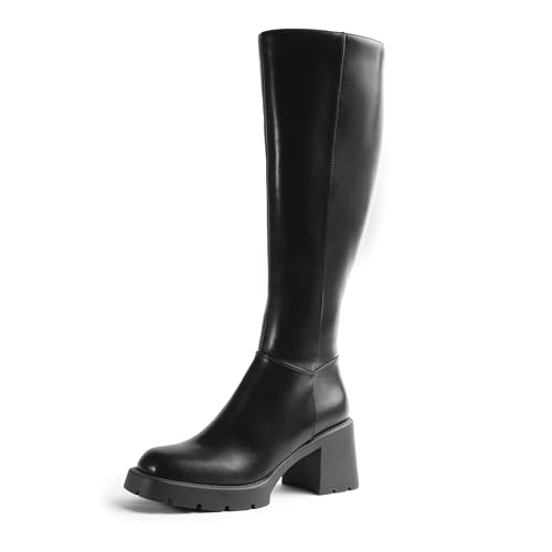 Women Platform Knee High Boots with Chunky Heel, Square Toe Fashion Tall Boots with Lug Sole and Side Zipper