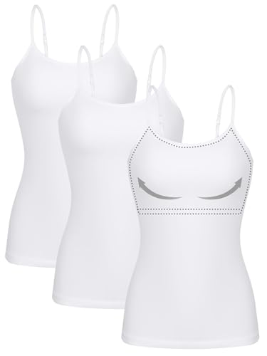 ATTRACO Women's Cotton Camisole Tops with Built in Shelf Bra Three Packs Spaghetti Strap Top White L