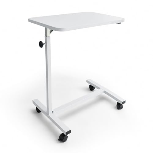 Mesa Auxiliar Hospitalar Ajustável para Refeição, Branca, Altura 72-127cm, Base 60x45cm, com Rodízios, Uso Doméstico e Hospitalar