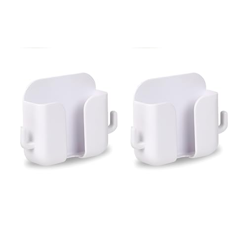 Image of LikeStar Premium Multi-Functional Wall Phone Holder | No-Drill Sticky Stand with Hook for Charging & Storage | Self-Adhesive Wall Phone Holder with Hook | for Bedroom, Office - White (Pack of 2)
