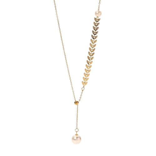 MenYiYDS 1 Pcs Collier de perles de blé pour femme, collier feuille en acier inoxydable, anti-allergie, bijoux pour femmes, doré