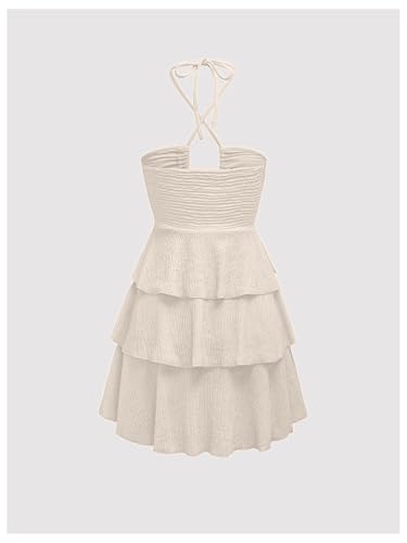 Image of Verdusa Women's Wedding Guest Babydoll Halter Dress Tiered Layered Textured Backless Flowy Short Summer Dress