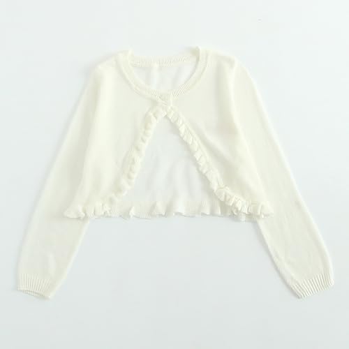 Knitted Cardigan for Evening Dress Girls Cropped Sweaters Ruffle Trim Long Sleeve Trendy Shawl Plain Cute Sweater2