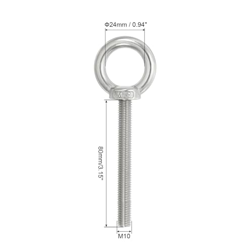 Image of PATIKIL M10 x 80mm Lifting Shoulder Eye Bolt, 2Pcs 304 Stainless Steel Lifting Ring Threaded Eyebolt with Nuts Washers for Hanging Hammocks Articles