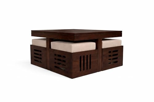 Image of Solid Sheesham Wood Center Coffee Table Set - Includes 4 Stools and Glass top Table Wooden Niwar Design ; Furniture for Living Room, Hall and Office. (Dark Walnut)