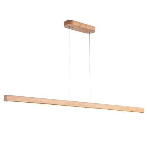 Image of 55 inch Wood Linear Pendant Modern Kitchen Island Light Fixture with Remote Solid Wooden Hanging Ceiling Light Chandeliers for Dining Room Kitchen Pendant Lighting Over Island Natural