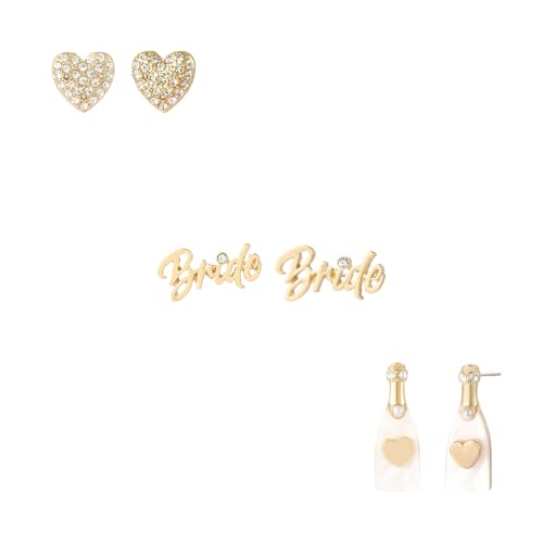 Madison Tyler 3 Pairs Wedding Earrings for Brides| Heart Champagne Bride Stud Earrings | Bride Earrings for Bachelorette Party| Bride Gifts for Wedding Celebration