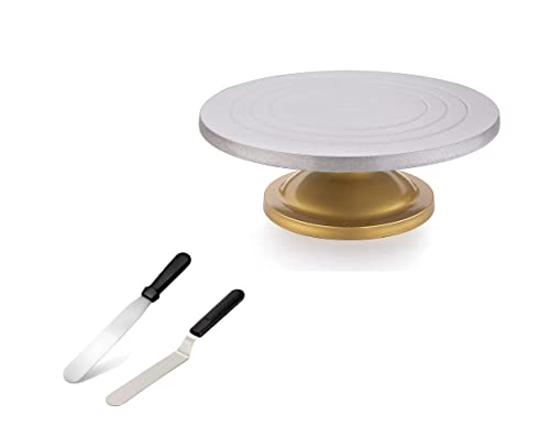 TEX-RO Cake Decorating And Icing Turntable/Serving Stand, Signature Edition 360° Smooth Rotating Cake Stand, Silver Top & Golden Bottom, 12 Inch Diameter Fiber Cake Turntable With Palate Knife (Round)