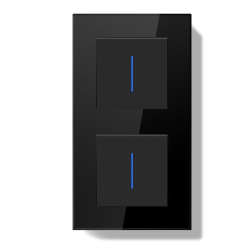 BSEEDLIFE Interruptor Pared Doble,Interruptor de Pared con Marco de Cristal con LED Indicador,1 Gang 1 Vía+1 Gang 1 Vía,Fácil Instalación Diseño de Gancho de Garra,157 * 86mm Negro