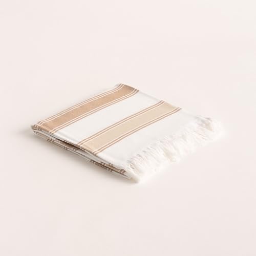 GAMUSI Serviette paréo de plage rectangulaire. Fouta de bain, tissu en relief en fil teinté, avec franges. Blanc/beige.