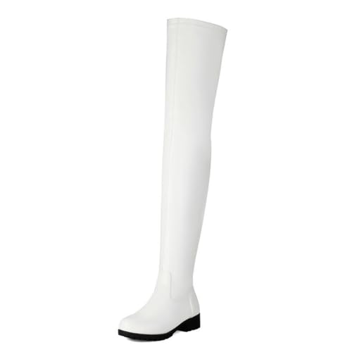 Gueploer Botas por Encima De La Rodilla, Botas De Muslo Alto Elástico De Tacón Bajo para Mujer, con Cremallera Lateral para Fiesta, Diarias,Blanca,43 EU