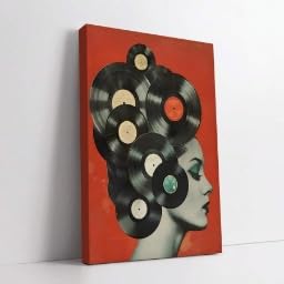 Poster su tela con dischi in vinile retrò anni '50, stile Art Déco classico contemporaneo, stampa artistica di una donna con inchiostro per decorare le pareti della casa (80x140 cm/senza cornice)