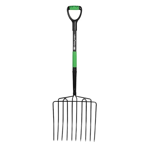 Hooyman Ensilage Fork with Heavy Duty Welded Head Construction, Ergonomic No-Slip H-Grip Handles, 10 Tines, and Fiberglass Core for Gardening, Land Management, Yardwork, Farming, and Outdoors, Small