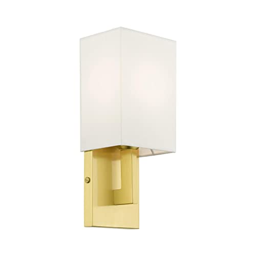 Image of Livex Lighting 51101-12 Meridian Collection ADA 1-Light Wall Sconce Light with Off-White Hardback Fabric Shade, Satin Brass