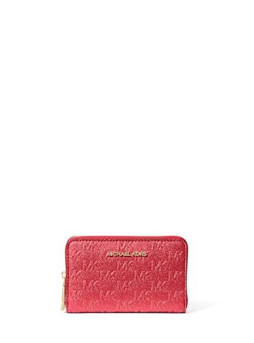 Image of Michael Kors Jet Set Small Zip Around Card Case, Gold-Tone Hardware /MK Embossed Glitter /Crimson
