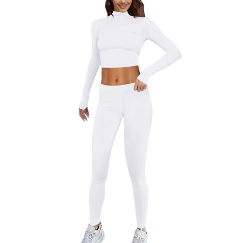 Zuoyue Gym sets for women Two Piece Leggings Pants Set Basic Long Sleeve Crop Top Low Rise Yoga Leggings Set Summer Tracksuits Outfits for Running, Yoga, Gym, Sports Activity (White, L)