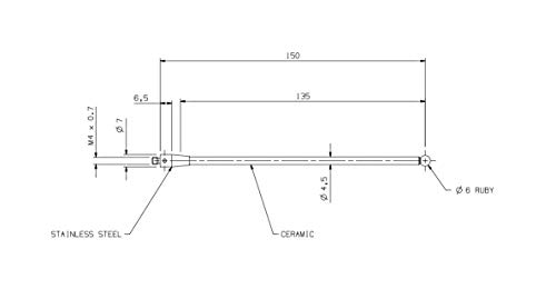 Image of CMM Touch Probe Stylus Ceramic Stem M4 Thread 6mm Diameter Ruby Ball Tip 150 mm Long A-5000-8156 (M4*D6*L150)
